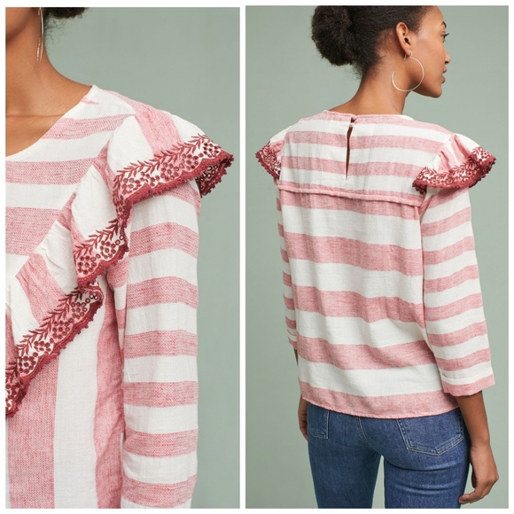 NWT, Anthropologie, Red Ruffle Striped Top - Picture 2 of 4